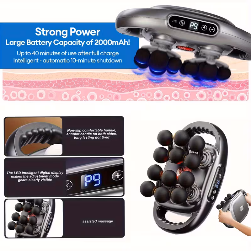 1pc pistola de massagem portátil, massageador multifuncional com 12 cabeças, recarregável via usb, estojo e 6 peças de reposição, presente ideal para e detalhes 5