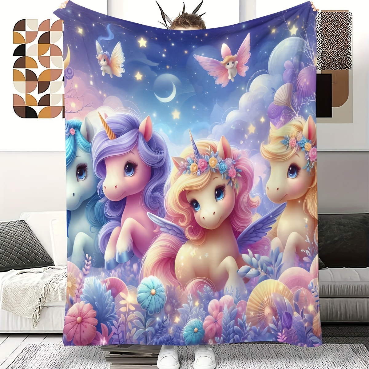 

Contemporary Unicorn Throw Blanket - Geometric Pattern Polyester Knit Cozy Flannel Fleece, Theme With , Decorative Design