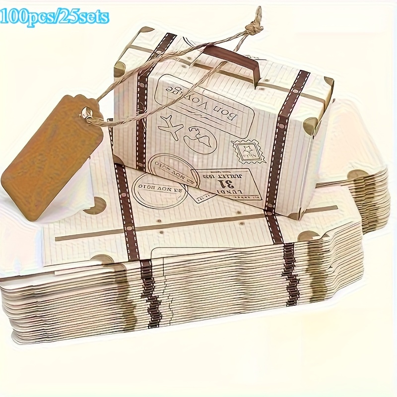 Image of 100pcs/25sets Mini Luggage Gift Boxes With Tags And - Cartoon Theme, Durable Paper, Perfect For Holiday And Wedding Gift Packaging. Suitable For Halloween, Christmas, Thanksgiving, And Other Holidays
