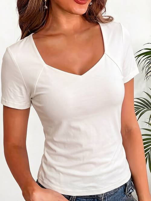 solid color french neck short sleeve t shirt summer womens casual fashion