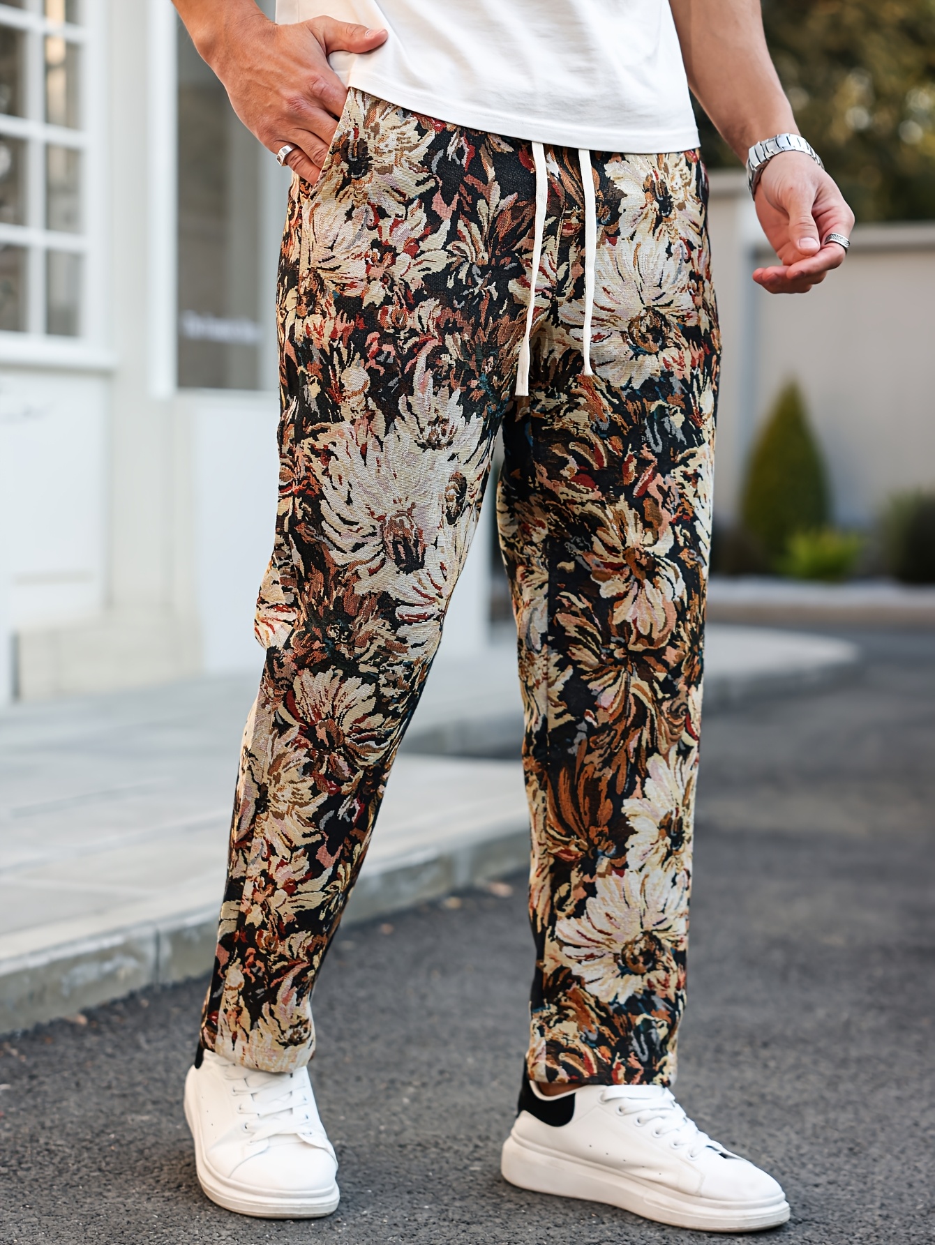 k1166 men's casual floral embroidered drawstring pants
