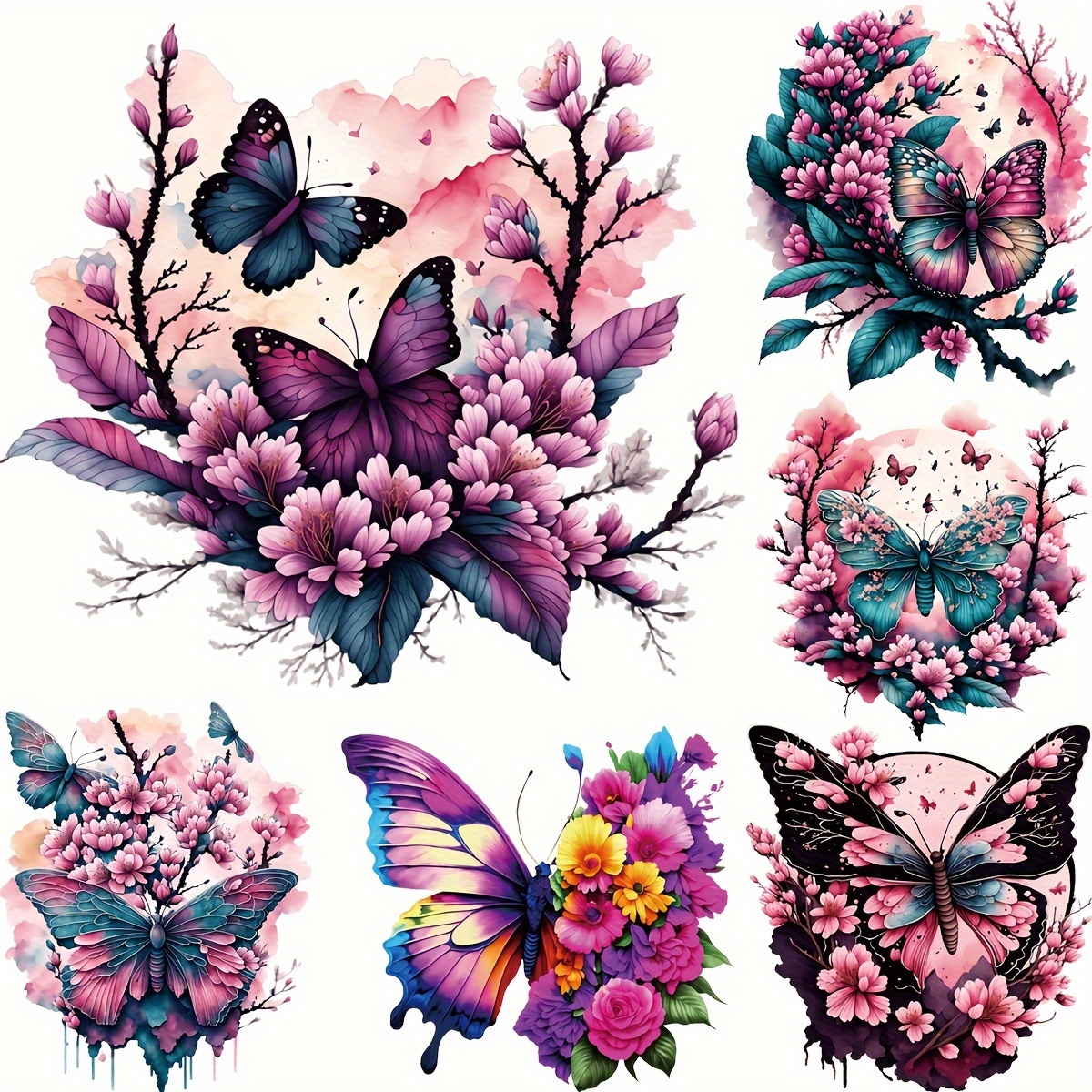 

6-pack Multicolor Butterfly And Flower Iron-on Vinyl Transfers, Durable Washable Diy Heat Transfer Decals For T-shirts, Bags, And Fabric Crafts