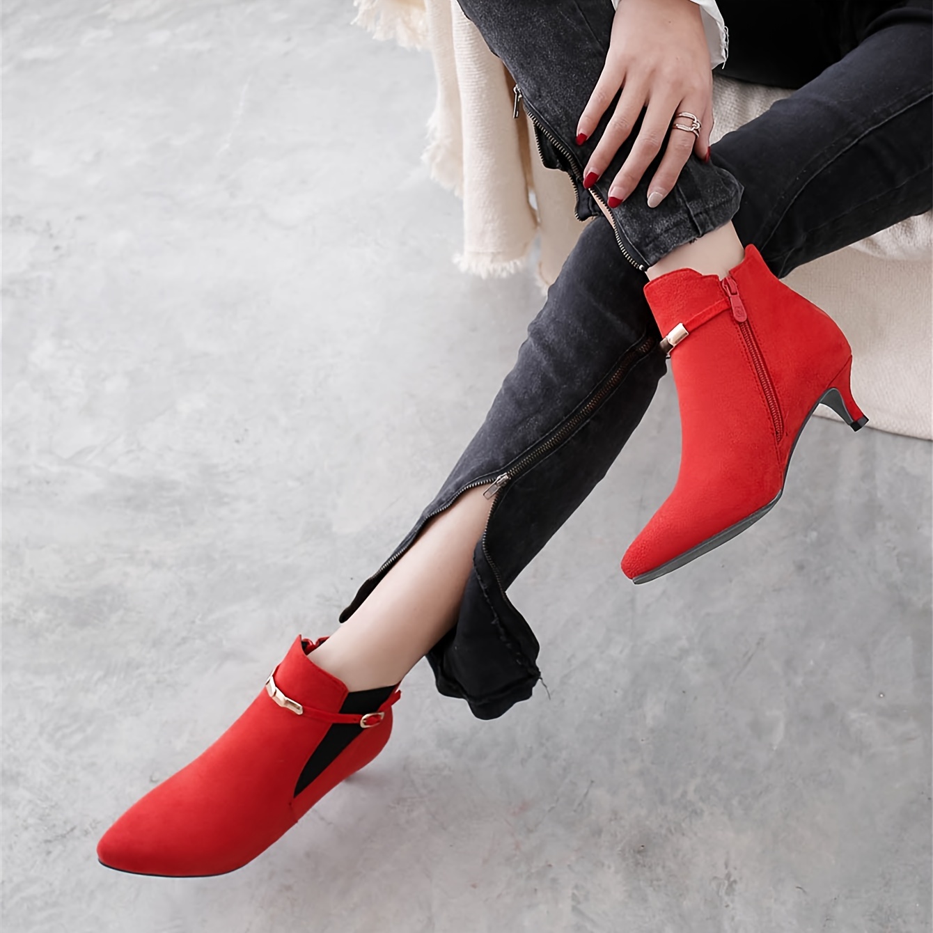 Boots Casual Womens Red Ankle Boots Low Heel Elegant Red Pointed