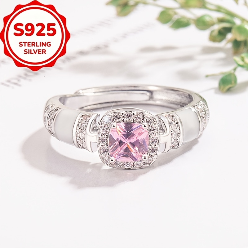 Simple Stylish S925 Silver Pink Synthetic Zirconia Open Ring