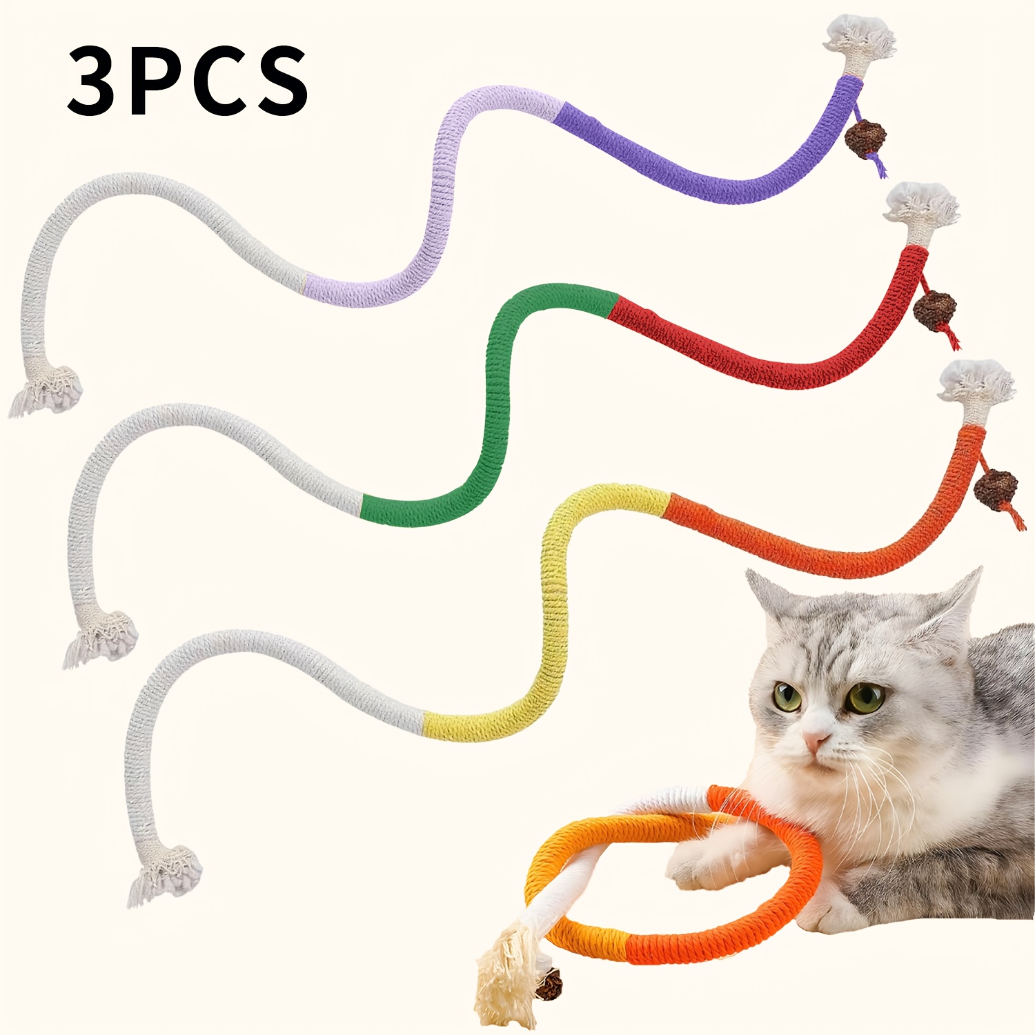 TEMU 3pcs Cat Toys Chew Ropes, Cat Teaser Toy, Cat Toys For Indoor Cats, Cleaning Toy For Indoor Kittens, Interactive For All Breeds, Cat Chew Ropes