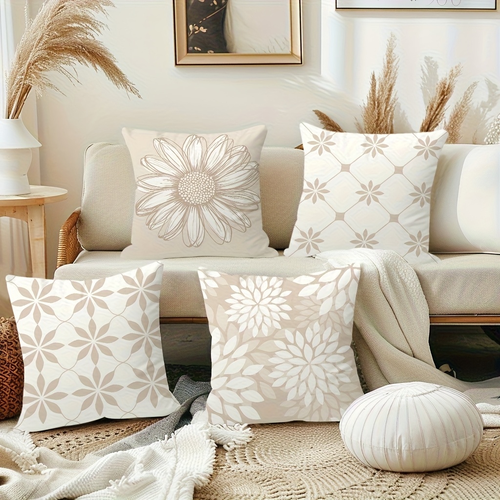 TEMU Juego de 4 fundas de almohada estilo bohemio con estampado floral de y patrones geométricos abstractos, beige y , cierre de cremallera,