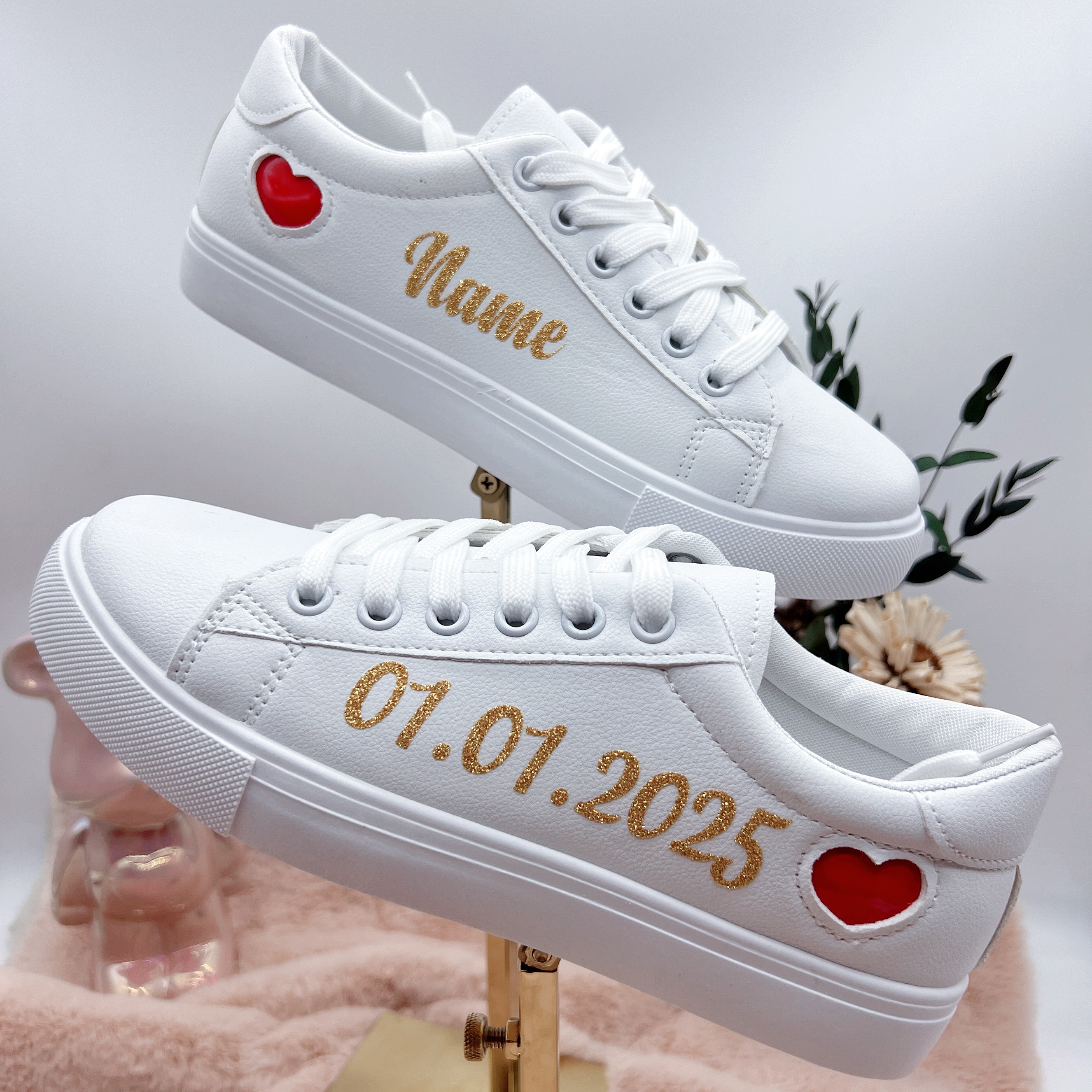 

Customized Heart Accent Sneakers For - Perfect Birthday, Anniversary, Bride & - Low Top Wedding White Sport Shoes With Personalization Options - Hand Wash/, Synthetic Upper, Fabric Lining,