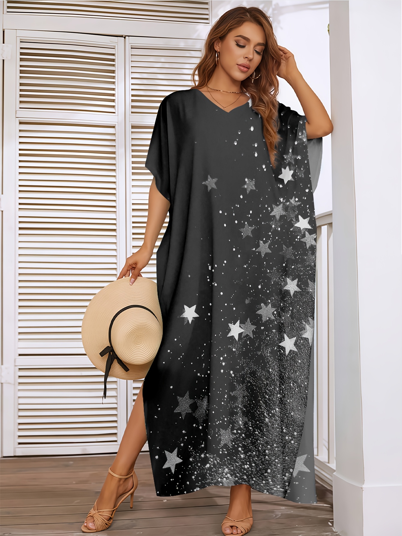 cardigan for halter neck dress Mothers Day Elegant V-Neck Side-Slit Cardigan, Black And * Pattern Decor, Lightweight Casual Cover-Up Moms, Comfortable Beachwear for Spring/* Designer Resortwear