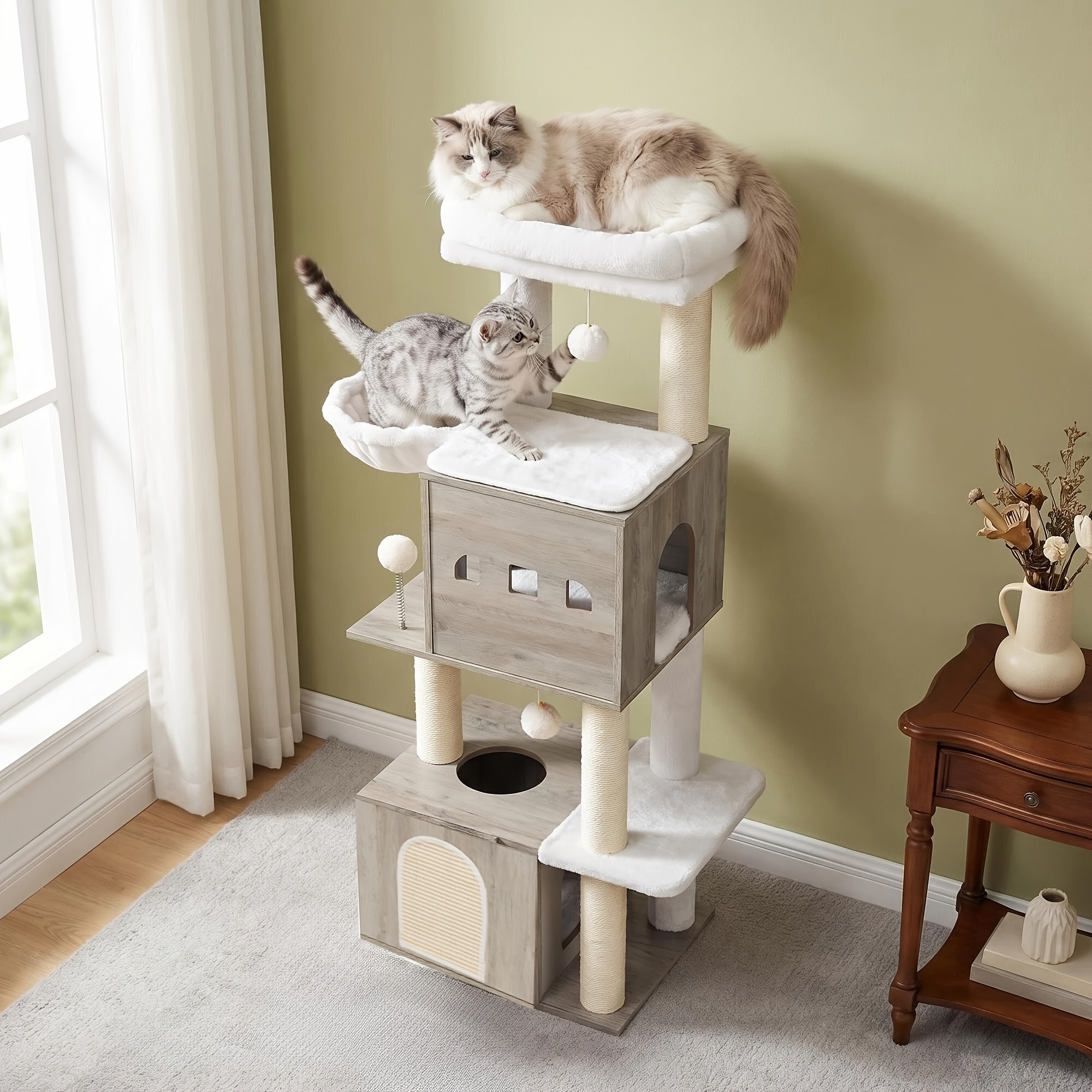 TEMU 132cm Wooden Cat Tree, Featuring 4 Sisal-wrapped Posts, 2 Cat Houses, 1 Platform, And A Climbing Frame With Soft Padding, Made From Comfortable