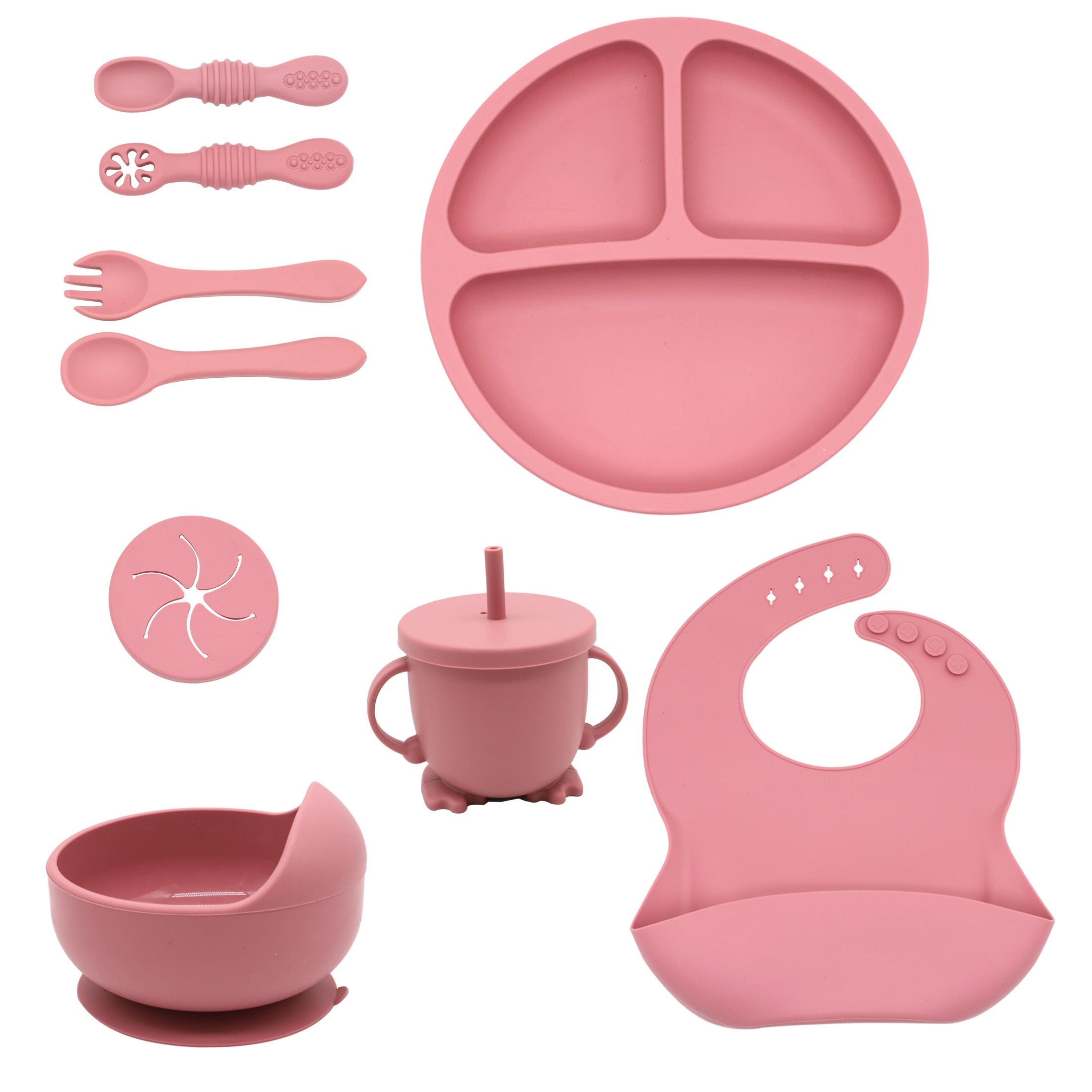 

9pcs Silicone Baby Feeding Set - Weaning Guide Kit With Suction Bowl, Divided Plate, Toddler Self-feeding Plate, Spoon, Fork, Adjustable Bib, And Sippy Cup For Infants And Toddlers