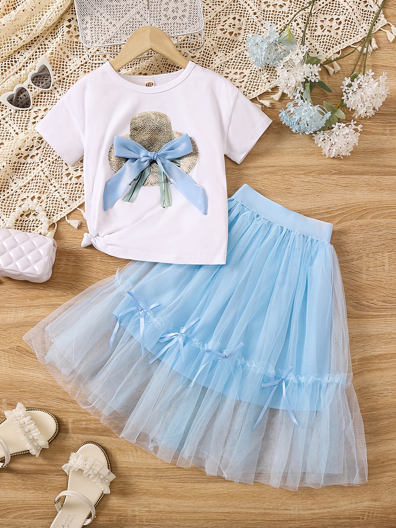 2025 New Korean Style Easter Gift Girls' Summer Dress Set: Two-Piece Mesh  Skirt for Medium and Large Kids