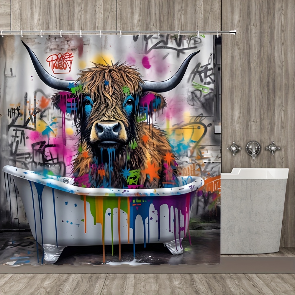 

1pc Colorful Graffiti Bathtub Cow Printed Shower Curtain, Waterproof Shower Curtain With Hooks, Decorative Bathtub Partition Curtain, Bathroom Decor Accessories