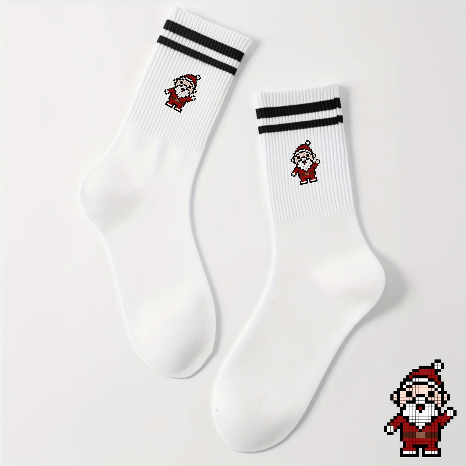 1 Pair Unisex -bit Pixel Santa Claus Christmas Socks - With / Pixel, Machine Washable Holiday Stocking Suitable For , Wear
