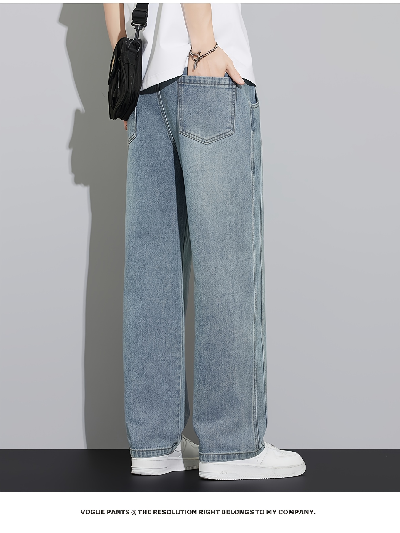 Men's Summer Casual Loose Straight-Leg Jeans - Elastic Drawstring Waist, Lightweight Denim, Streetwear Fashion, Mid-Rise Regular Length Pants for Teens & Young Adults, Casual Attire | Wide Leg Jeans | Denim Trousers