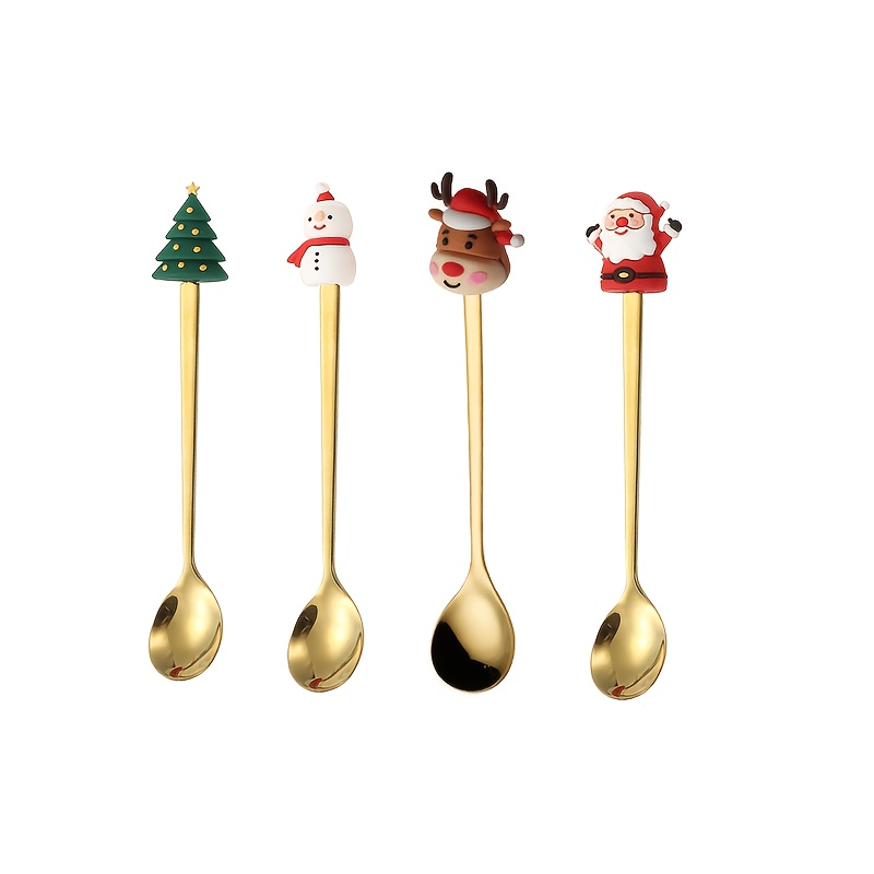 TEMU Christmas Spoon Set 4pcs | .8-inch Stainless Steel Teaspoons | Dessert And Coffee Scoops | Christmas Ornaments Indoor And Kitchen Decor,