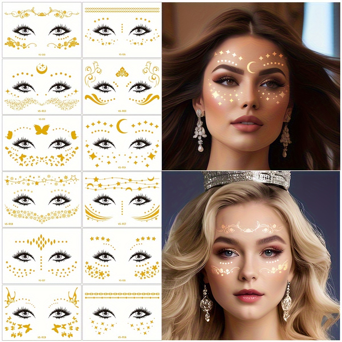 Image of Set Of 12 Temporary Tattoos For , Perfect For Masquerade Parties And Waterproof Body Art Stickers.