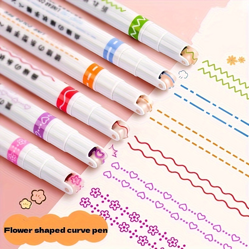 

6-pack Multicolor Flower Shaped Curve Linear Color Pens, Click-off Cap, Decorative Pattern Drawing & Note Marking Stationery, Assorted Plastic Patterned Pens