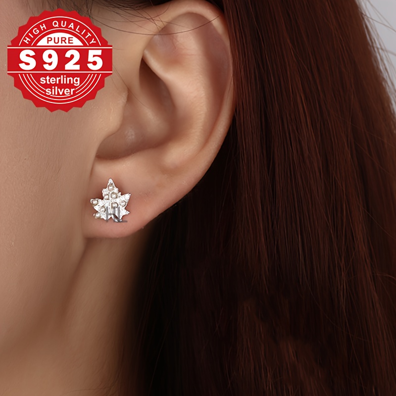 Women's S925 Sterling Silver Maple Leaf Earrings with Synthetic Pearls