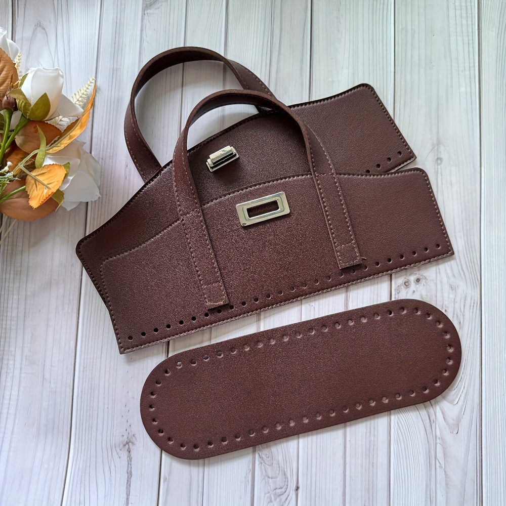 Image of 2pcs Leather Texture Knitting Bag Handmade Leather Bag Accessory Set - Leather Handbag Handles/ 26* Bottom And Lock For Yarn Weaving And Fabric Splicing Crafts, Wallet Making, Diy Wallet Making