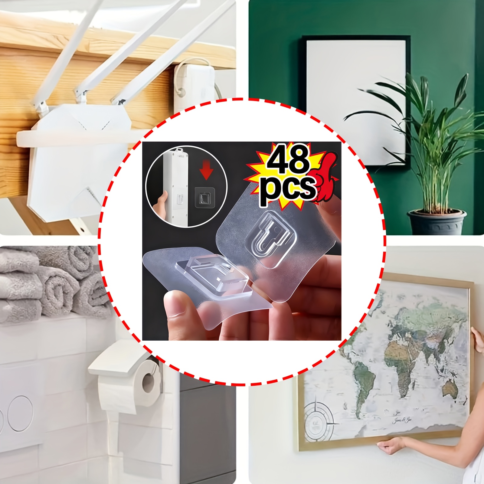 TEMU 48pcs Adhesive Utility Hooks - Fashion Style Plastic Wall Mount Holders For Router, Outlet, Picture Frame, Remote - Waterproof Hangers For