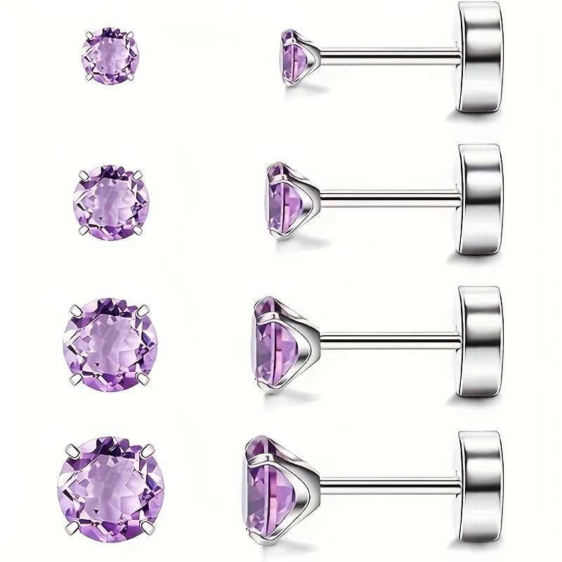 TEMU 4 Pairs Of Steel Hypoallergenic Flat Back Stud Earrings With 0.8mm Tube Diameter, 2/3/4/5mm Assorted Colors Synthetic Cubic Synthetic Cubic