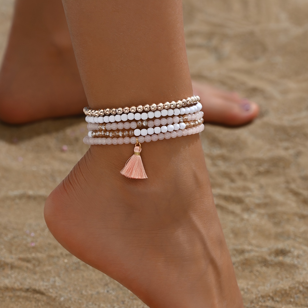 

5-piece Summer Beach Anklet Set - Pink Beaded & Faux Crystal Braided, Perfect For Women's Vacation & Everyday Wear