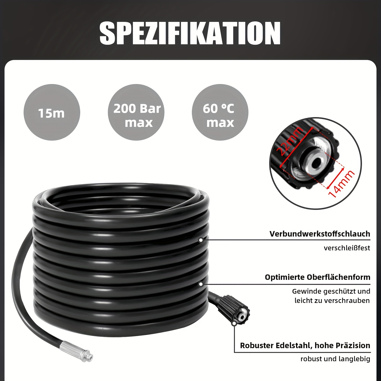 Image of 15m Drain Cleaning Hose, Drain Cleaning Set Compatible With , K3, K4, K5, K6, K7, High Pressure Cleaner 180 Bar 60°c For Blockage And Drain Cleaning