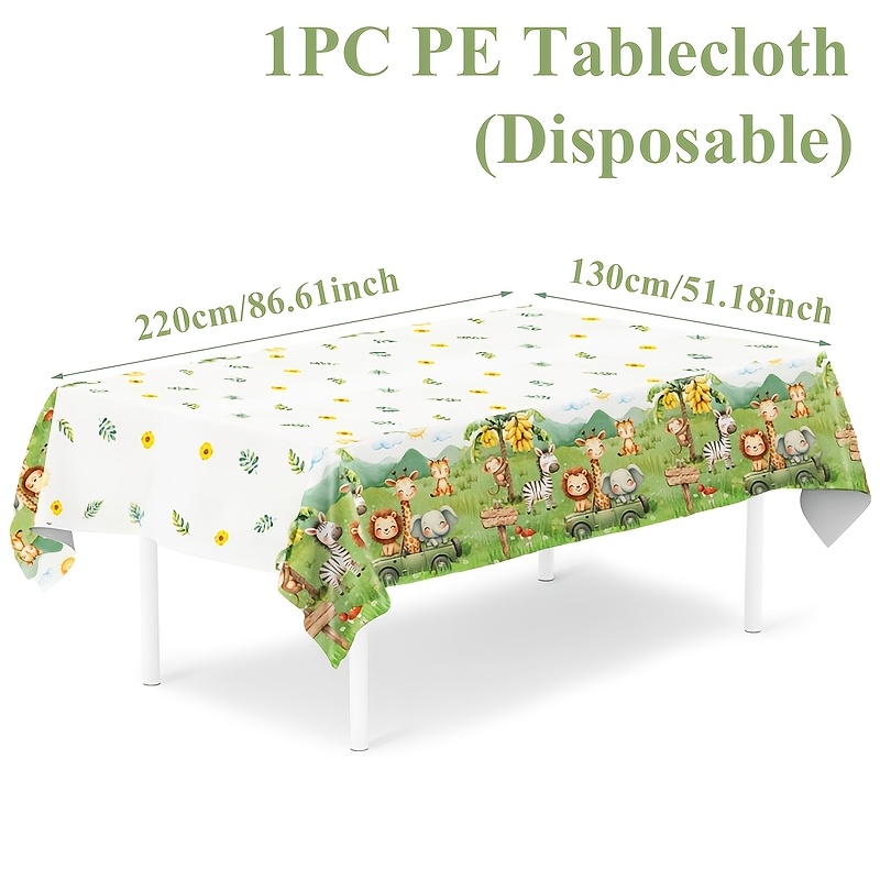 TEMU 1pc, Jungle Animal Pe Tablecloth, 220*130cm, Tigers Elephants Pattern Disposable Tablecover, Happy Birthday Party Decoration, Baby Shower Party