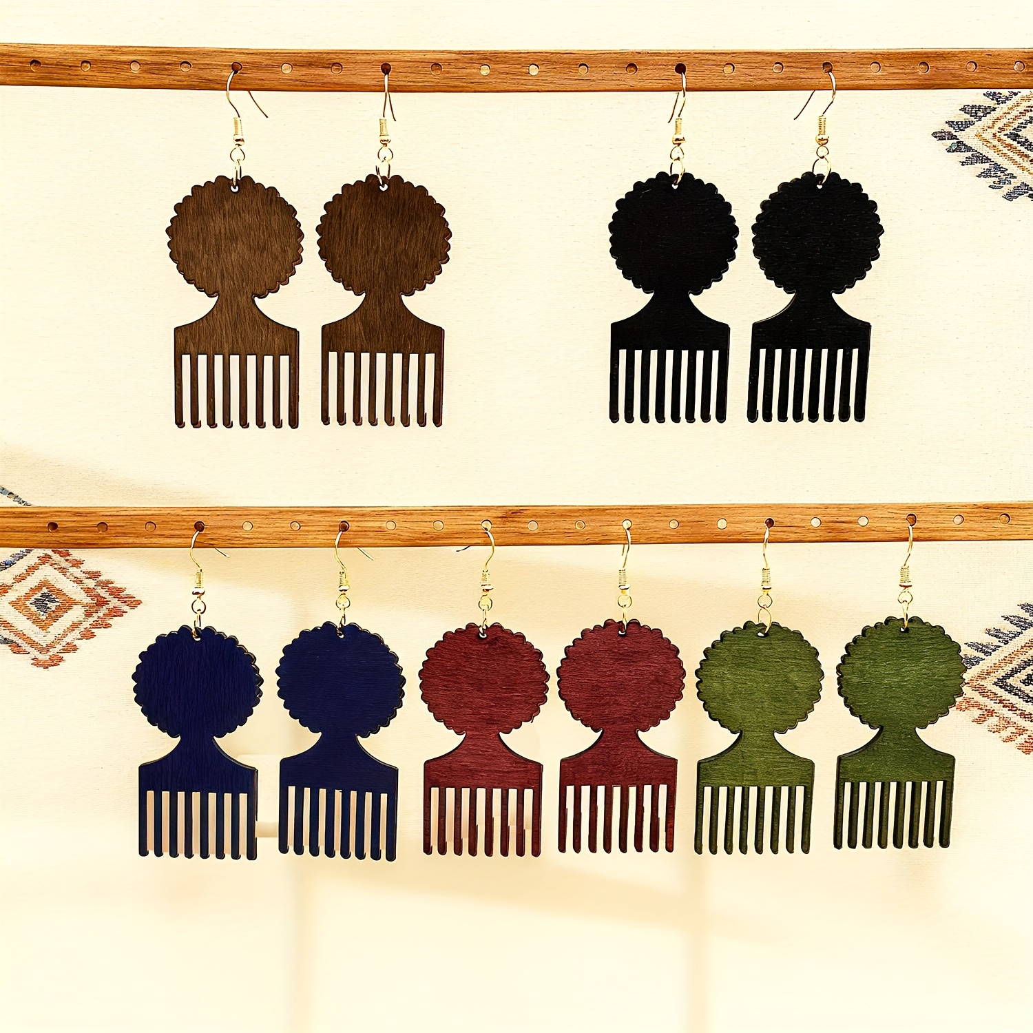 TEMU 5 Pairs Set Bohemian Wooden Comb Shaped Earrings, Unique Ethnic Style Jewelry Gift, Women's Vintage Drop Earrings, Suitable For Festive