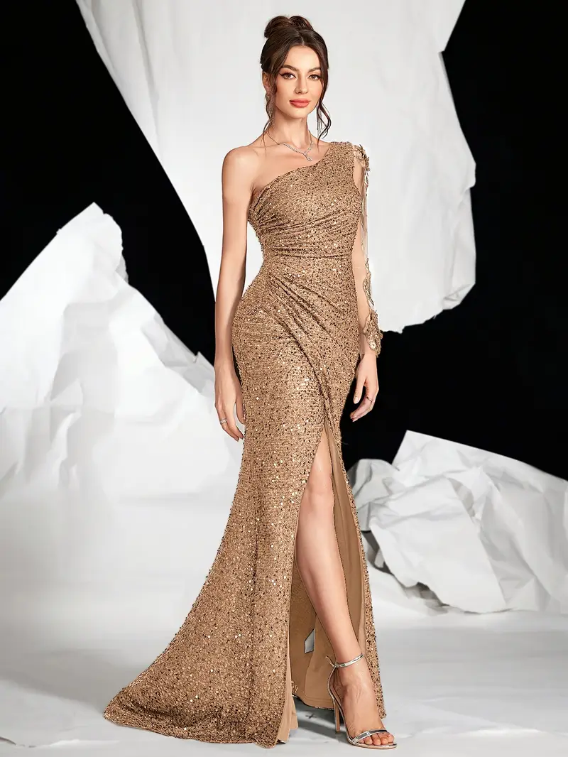 fashion sequin one shoulder long sleeve evening gown 3d - Temu fashion sequin one shoulder long sleeve evening gown 3d - Temu
