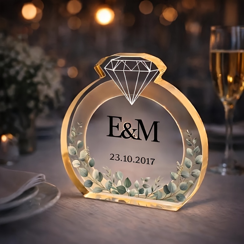 TEMU 2d Flat, Personalized Acrylic Ring Plaque - Name & Date Wedding/engagement Anniversary Gift Suitable For / Vertical Display, Ring-shaped With