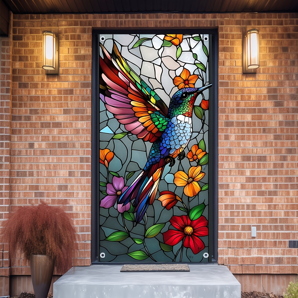 

2d Door Banner, 1pc Vibrant Hummingbird And Floral Stained Glass Door Cover Banner - Easy To Hang, Fits Standard Doors, Anniversaries, Holidays, And , Door Hanging Decor