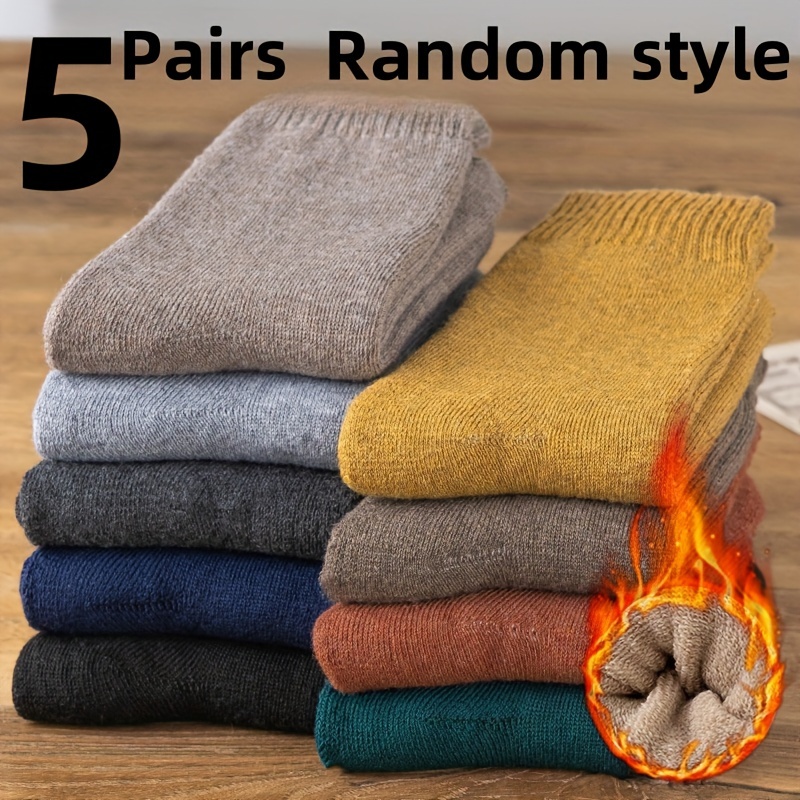 

5 Pairs Men's Winter Warm Fleece-lined Thickened Crew Socks, Solid Color Mid-calf Floor Socks, 95% Polyester 5% Spandex Knit Fabric, Hand Wash/, Cute Socks