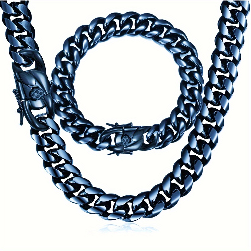 

2pcs Miami Cuban Link Chain Set For Men Hip Hop Jewelry 14mm Blue Stainless Steel Lock Buckle Bracelet Necklace Set