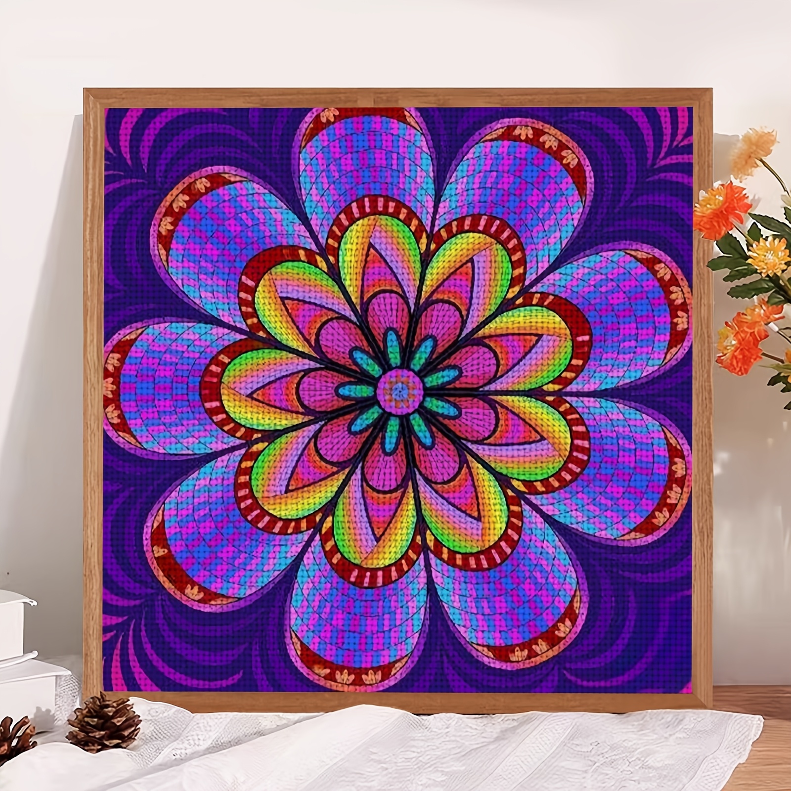 Cross-Stitch Printing Kit Without Frame, Vibrant Flower Pattern