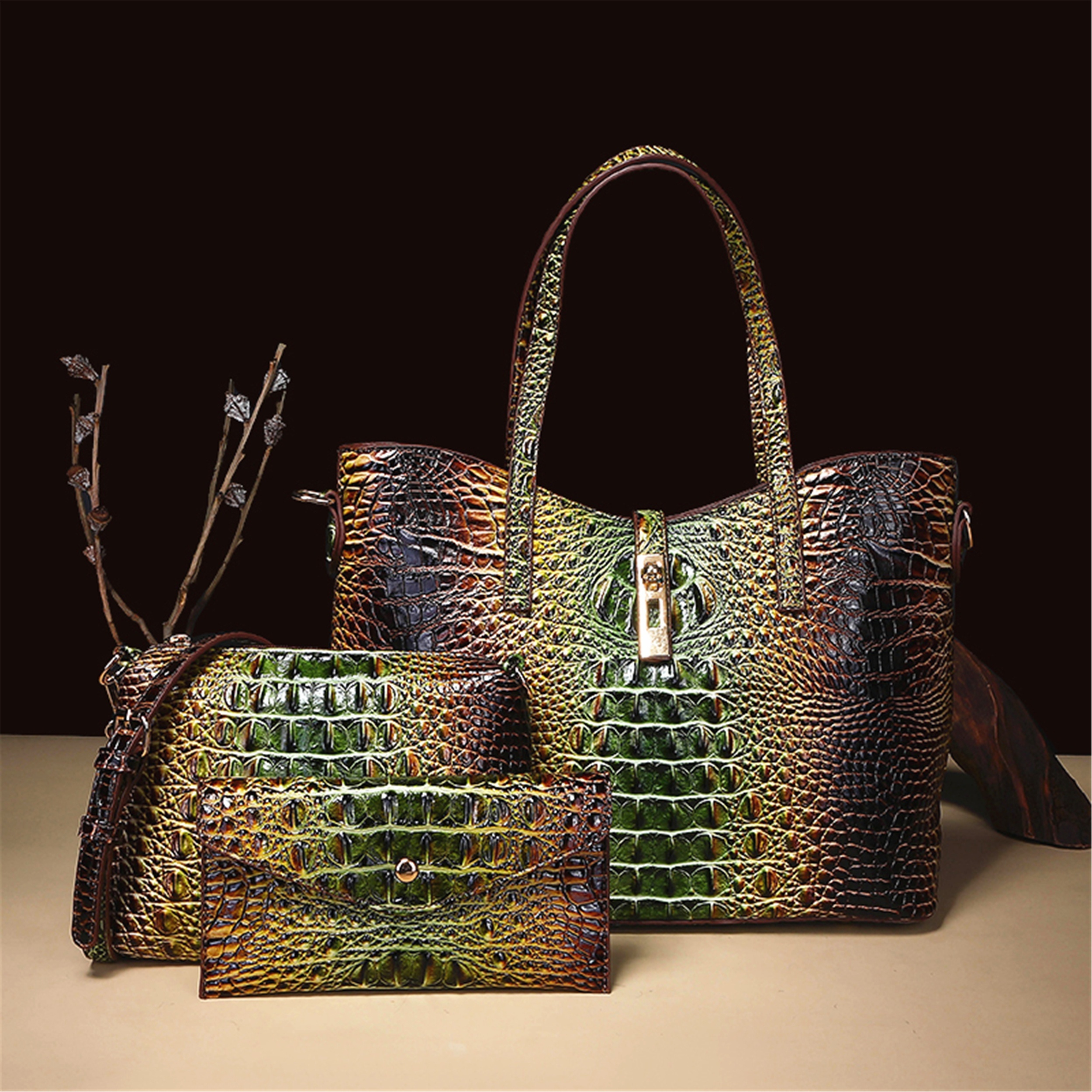 3-Piece Crocodile Print Handbag Set - Fashionable Vintage Style, Multi-Functional Top Handle Crossbody, Business Clutch & Coin Purse - Spacious, Secure, Ideal For Everyday Chic
