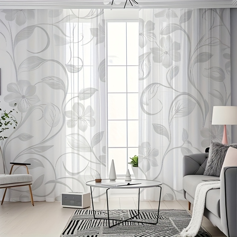 E-shop 2er-Set halbtransparente, durchsichtige Gardinen, elegante grau-weiße Blumenmuster-Vorhänge, für Feiertage, Geschenke, -Dekoration, geeignet für