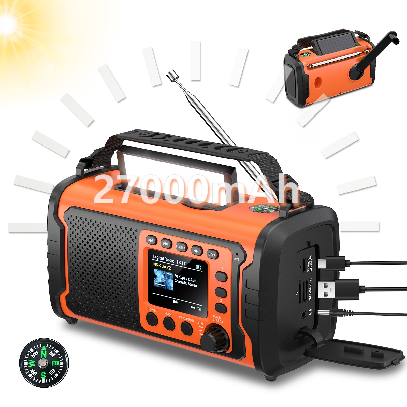 Prenosni radijski sprejemnik za nujne , solarni radijski sprejemnik z ročno ročico AM/FM NOAA vremenski sprejemnik z 27000 mAh baterijo, SOS