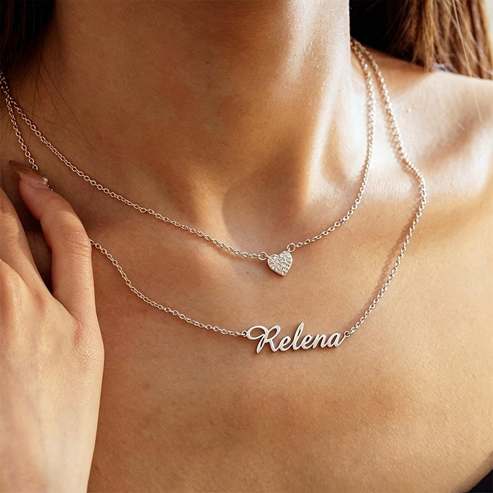 Women's Custom Stackable Synthetic Zirconia Heart Name Necklace