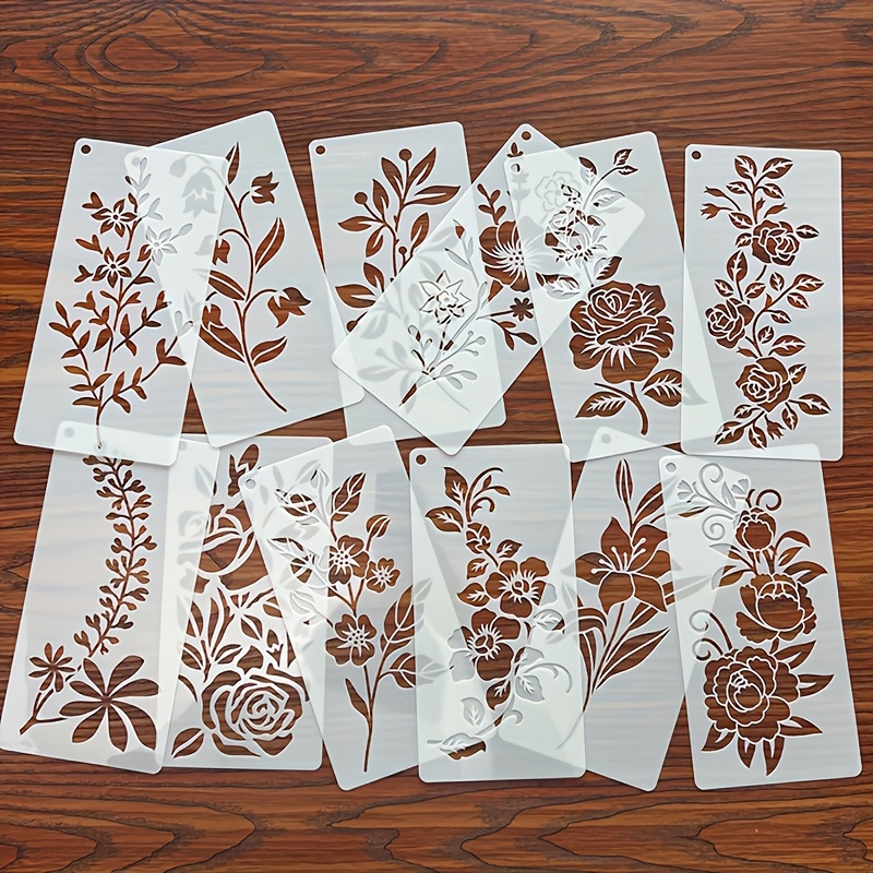 E-shop 12 Stück wiederverwendbare Blumenschablonen – Rosen-, Lilien-, Blumen-Malvorlagen für DIY-Kunst, Scrapbooking, Wanddekor, Holzbrand &