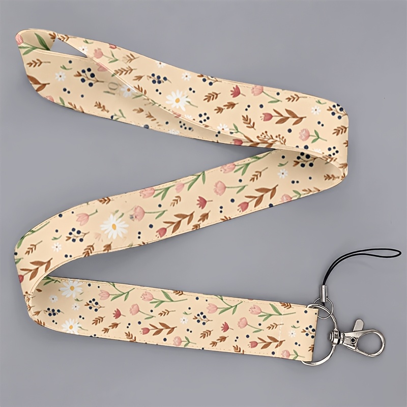 TEMU Cordón 2D beige con estampado floral pequeño y para teléfono y carné de identificación - Compatible con smartphones, tabletas, tarjetas de
