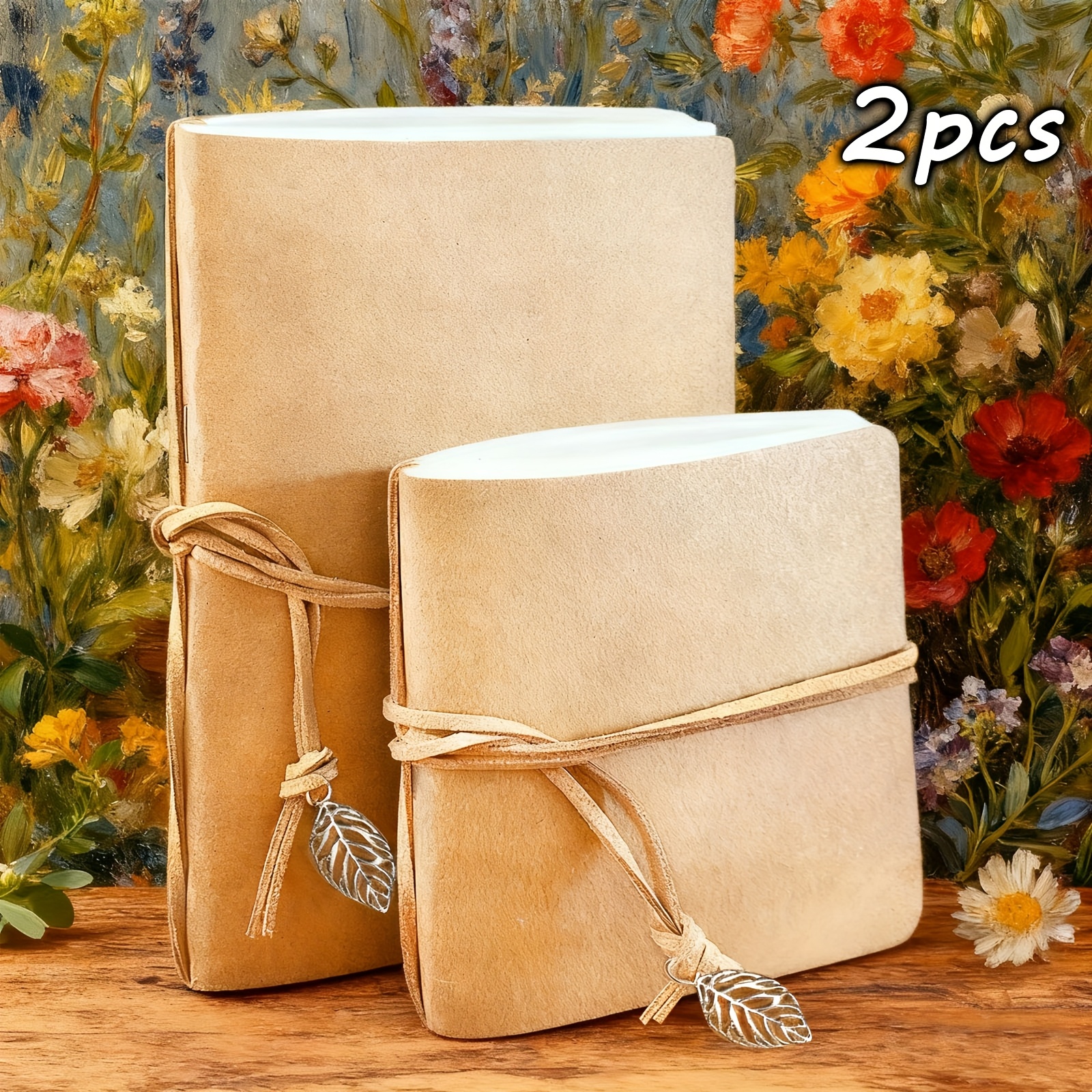 TEMU 2pcs/Set, Carnet de à couverture en papier de 80 pages , marque-pages en cuir de feuille, cahier vierge carré et rectangulaire, carnets de de