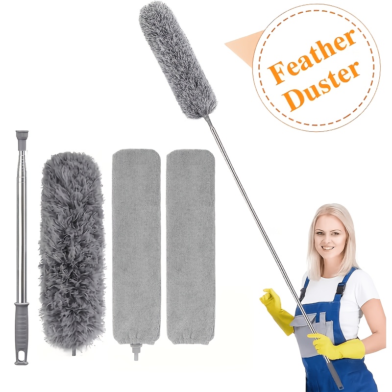 TEMU 4pcs Retractable Feather Duster With Frame & Microfiber Heads - Heavy-duty Telescopic Pole (33-96") For High Ceilings, Blinds, Furniture, Car
