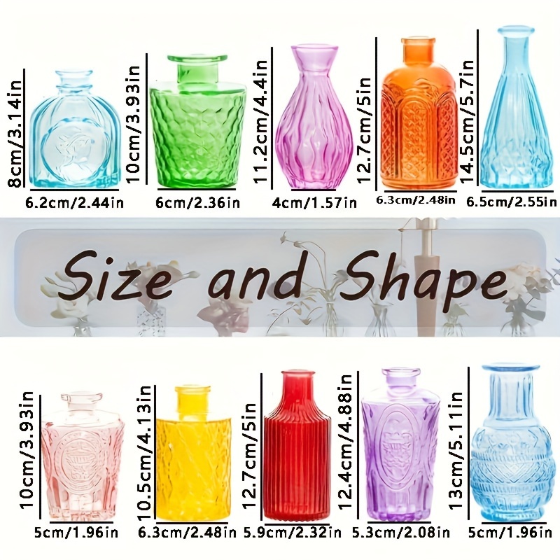 Image of 10pcs Colorful Embossed Glass Vase Set - Vintage Style, Assorted Sizes & Shapes For Elegant Wedding Centerpieces, Party Decor & , Battery-free