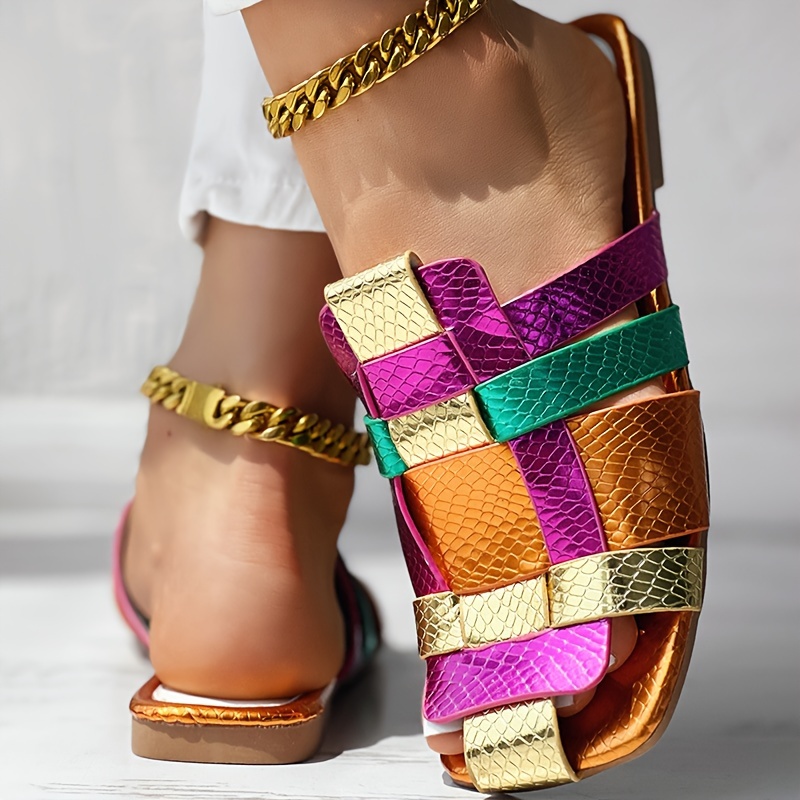 women s colorful woven slide sandals flat summer slides details 0