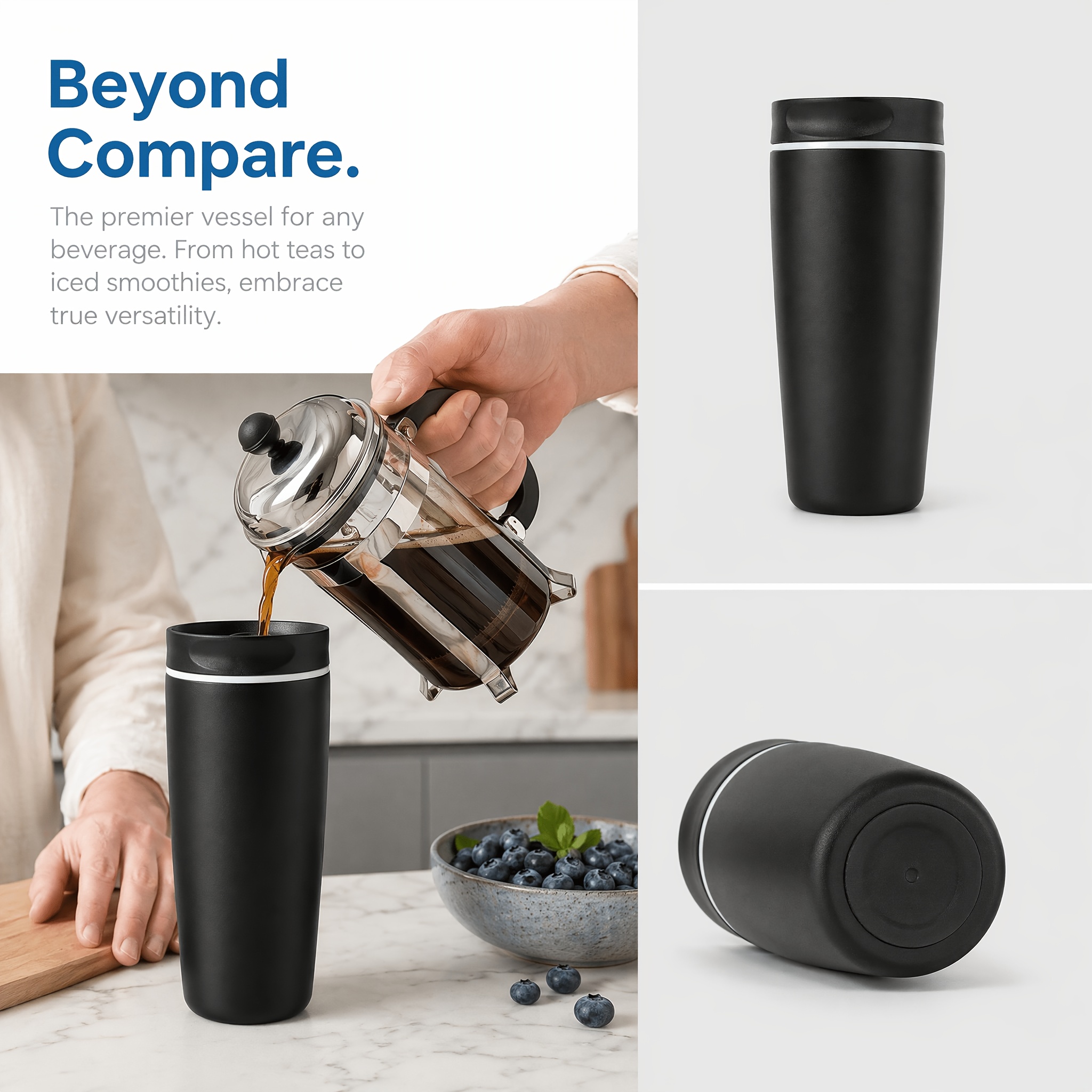 Image of 8.46" Height X 3.54" Diameter Leak-proof Double-layer Stainless Steel Coffee Travel Cup | Vacuum-insulated, Matte Black Surface, Reusable Drinkware, High-quality Gift For Coffee Enthusiasts