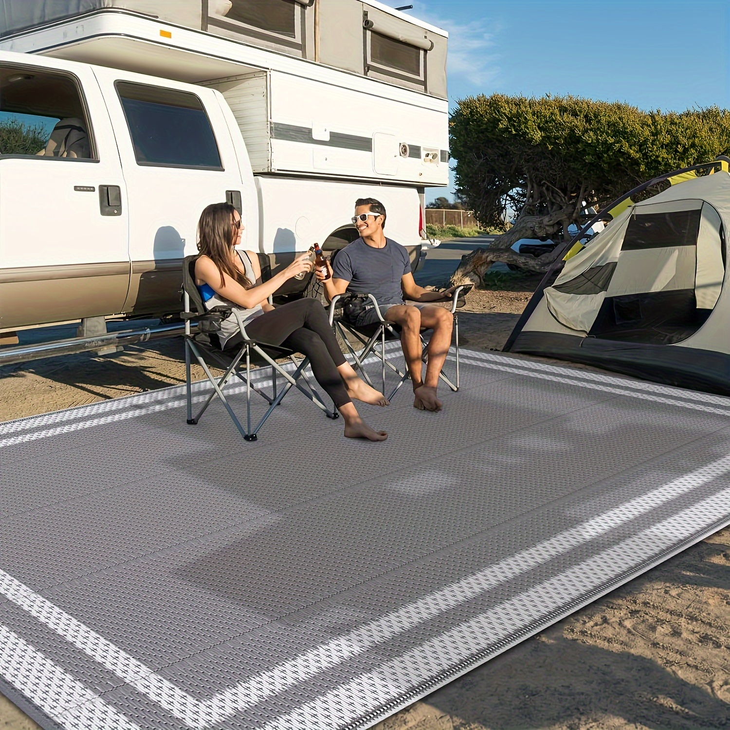 Image of [tote Bag And 4pcs Ground Stakes (pp Material)] Outdoor Rug, Double-sided Terrace Mat, Rv Camping Mat - Plastic Rug For Outdoor Indoor Room Area Mat Terrace Deck Balcony Picnic Beach Outdoor Decor