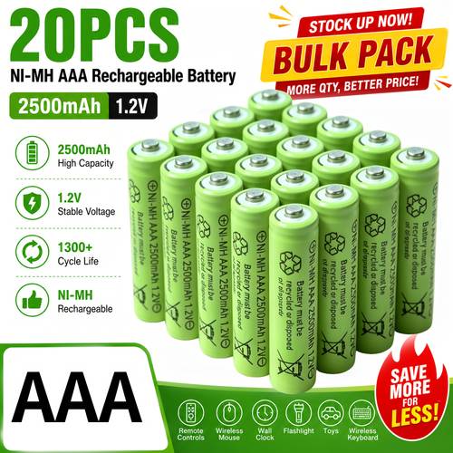 imagen del artículo 20/10pcs aaa 2500mah ni-mh pilas recargables 1.2v de gran capacidad, compatibilidad para control remoto, linterna, juguete, cámara, teclado inalámbrico, paquete de al