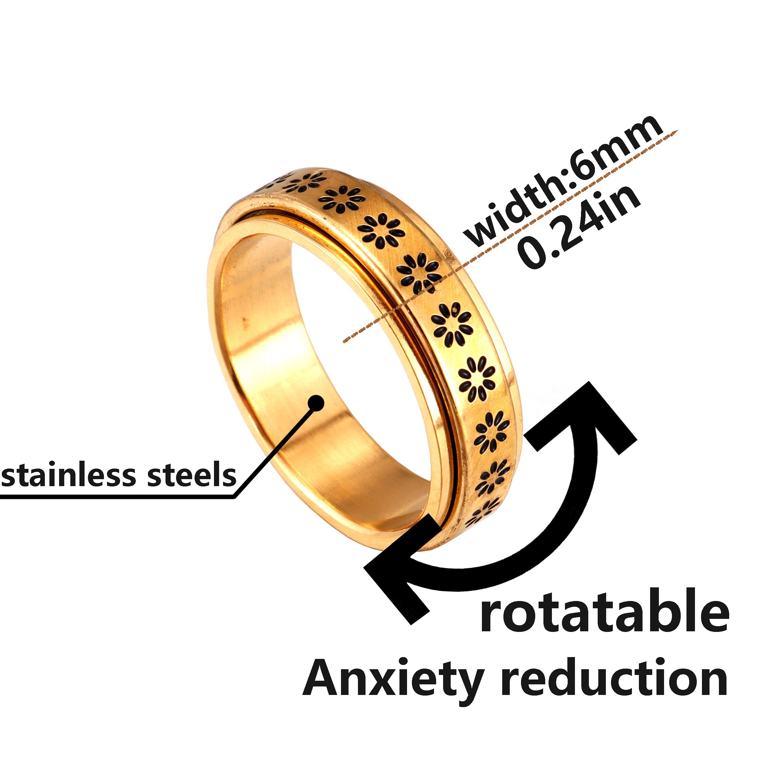 1 stylish womens ring elegant floral spinner ring stainless steel rotating jewelry for daily wear parties vacations birthdays meditation yoga anniversaries more Product details 0