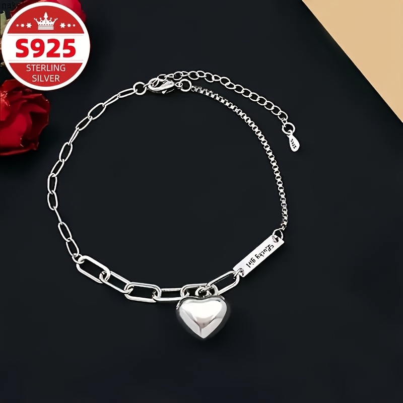 TEMU Sterling 925 Silver Delicate Ankle Bracelet - Heart-shaped Charm, Tag, Elegant Gift For Women, Dainty Female Jewelry, Hypoallergenic, Nickel-free, Any